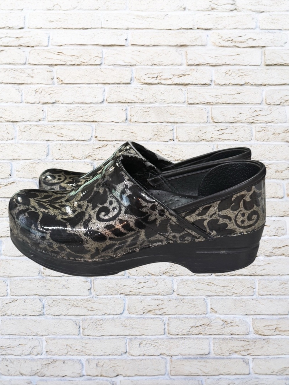 DANSKO Gold and Black Patent Slip-On Clogs Size 37 6.5-7